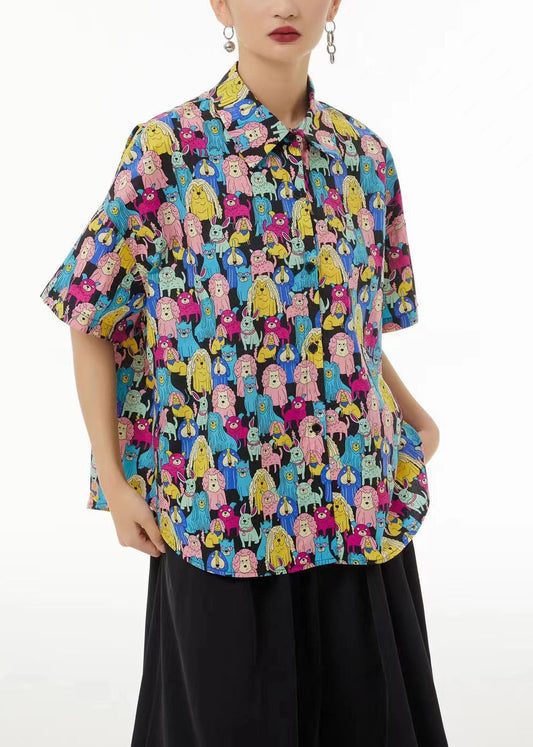 Khaki Peter Pan Collar Animal Print Cotton Blouses Summer Ts1028