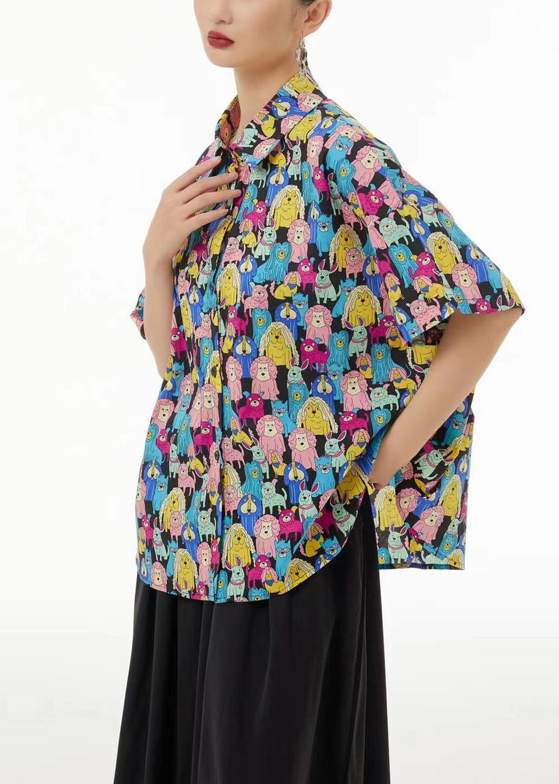 Khaki Peter Pan Collar Animal Print Cotton Blouses Summer Ts1028