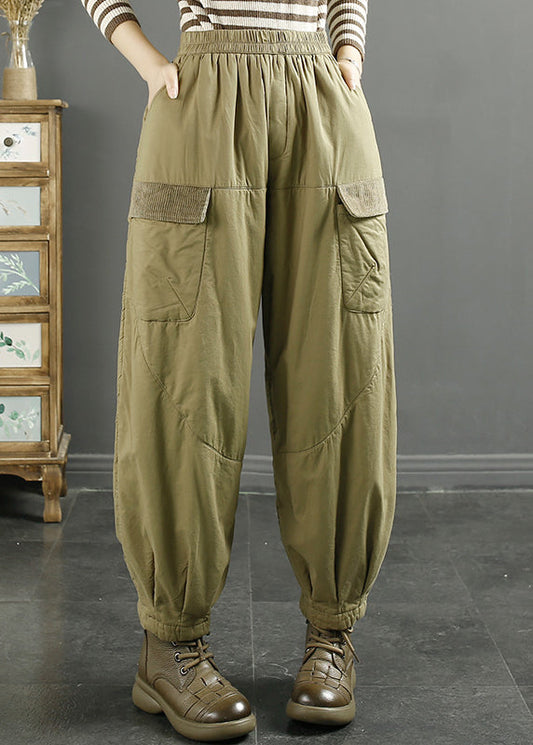 Khaki Pockets Elastic Waist Fine Cotton Filled Pants Winter Ru016