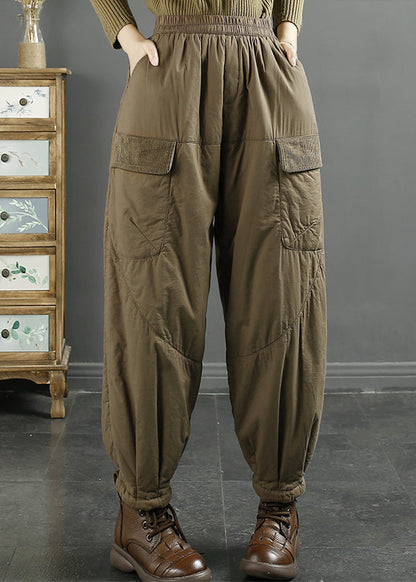 Khaki Pockets Elastic Waist Fine Cotton Filled Pants Winter Ru016