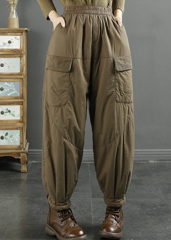 Khaki Pockets Elastic Waist Fine Cotton Filled Pants Winter Ru016