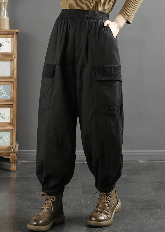 Khaki Pockets Elastic Waist Fine Cotton Filled Pants Winter Ru016
