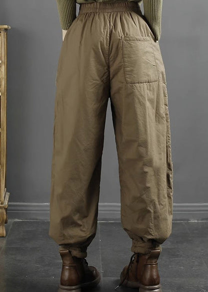 Khaki Pockets Elastic Waist Fine Cotton Filled Pants Winter Ru016
