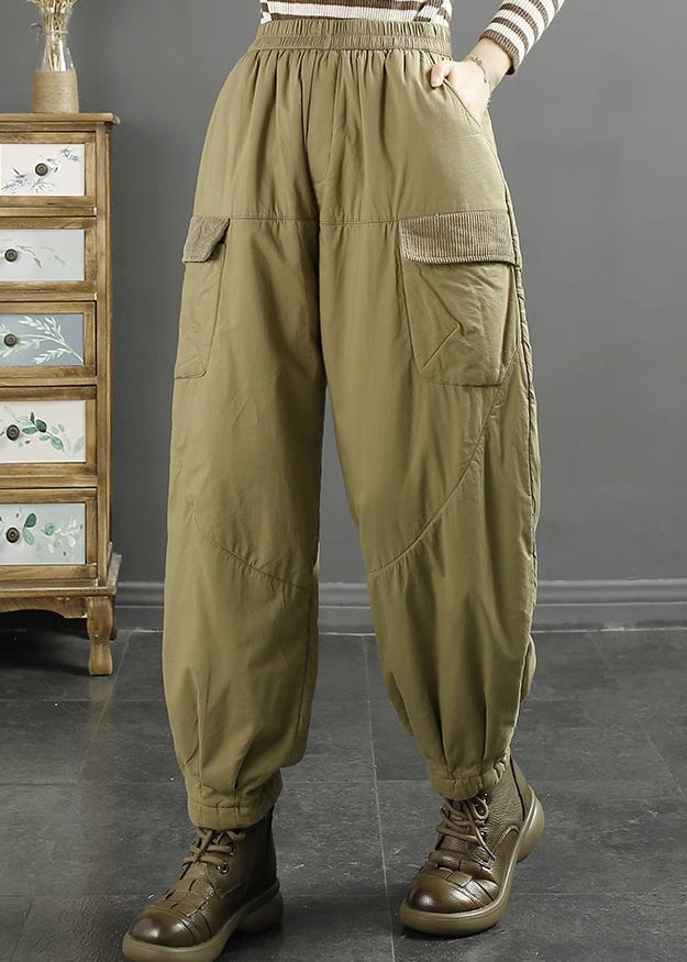 Khaki Pockets Elastic Waist Fine Cotton Filled Pants Winter Ru016