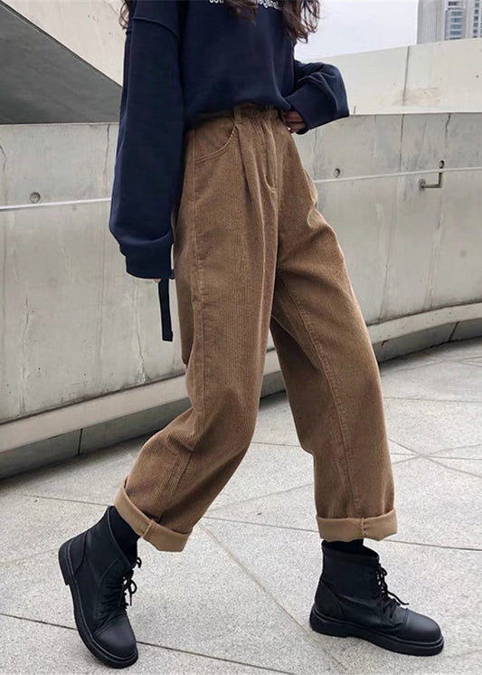Khaki Pockets High Waist Warm Fleece Pants Fall Tu032