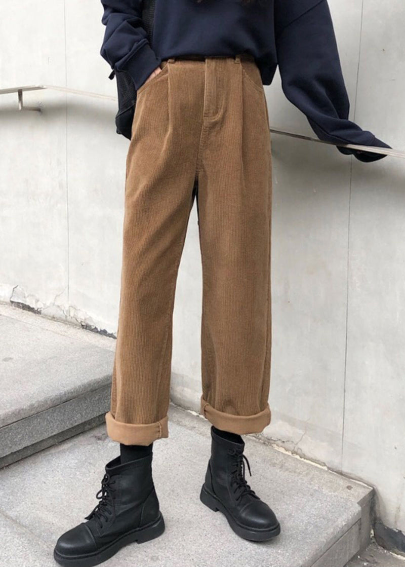 Khaki Pockets High Waist Warm Fleece Pants Fall Tu032