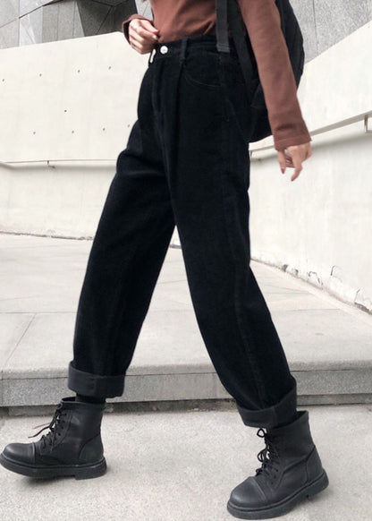 Khaki Pockets High Waist Warm Fleece Pants Fall Tu032