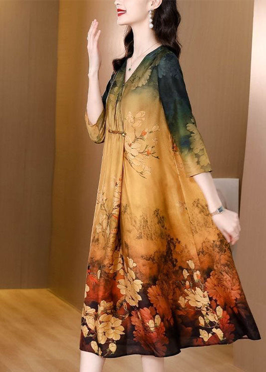 Khaki V Neck Tie Dye Print Silk Maxi Dresses Half Sleeve Th1027