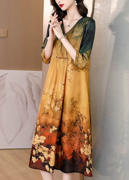 Khaki V Neck Tie Dye Print Silk Maxi Dresses Half Sleeve Th1027