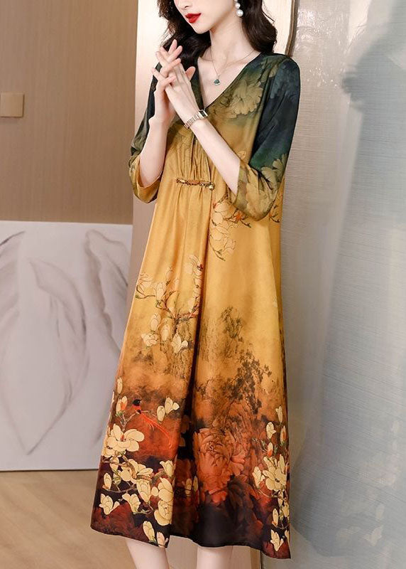 Khaki V Neck Tie Dye Print Silk Maxi Dresses Half Sleeve Th1027