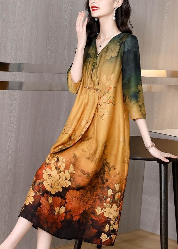 Khaki V Neck Tie Dye Print Silk Maxi Dresses Half Sleeve Th1027