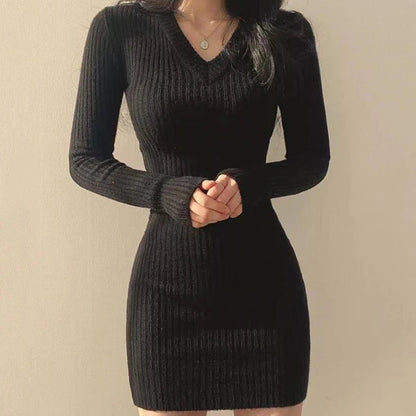 Knit V-neck Long Sweater Autumn Winter Midi Dresses