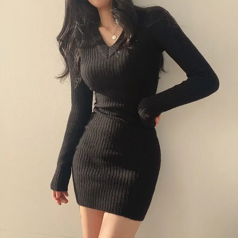 Knit V-neck Long Sweater Autumn Winter Midi Dresses