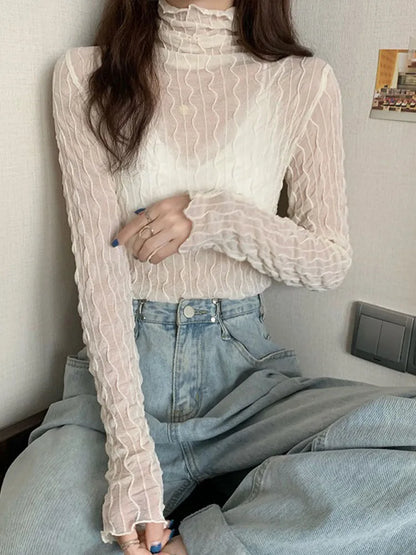 Lace Mesh High Collar Bottom T-shirts Female Long Sleeve Autumn Style Tight Thin Tops T-shirts Clothes