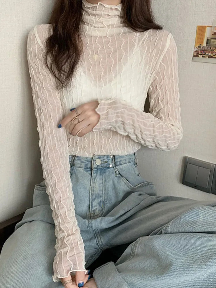 Lace Mesh High Collar Bottom T-shirts Female Long Sleeve Autumn Style Tight Thin Tops T-shirts Clothes