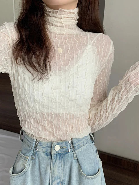 Lace Mesh High Collar Bottom T-shirts Female Long Sleeve Autumn Style Tight Thin Tops T-shirts Clothes