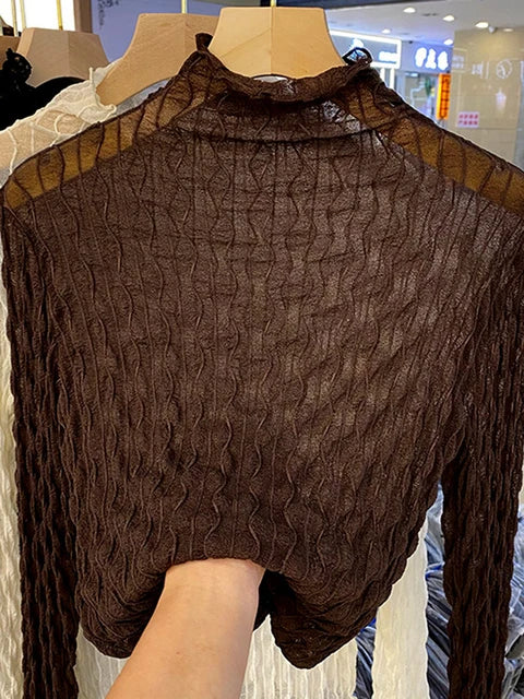 Lace Mesh High Collar Bottom T-shirts Female Long Sleeve Autumn Style Tight Thin Tops T-shirts Clothes