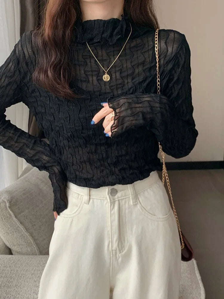 Lace Mesh High Collar Bottom T-shirts Female Long Sleeve Autumn Style Tight Thin Tops T-shirts Clothes