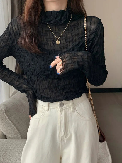 Lace Mesh High Collar Bottom T-shirts Female Long Sleeve Autumn Style Tight Thin Tops T-shirts Clothes