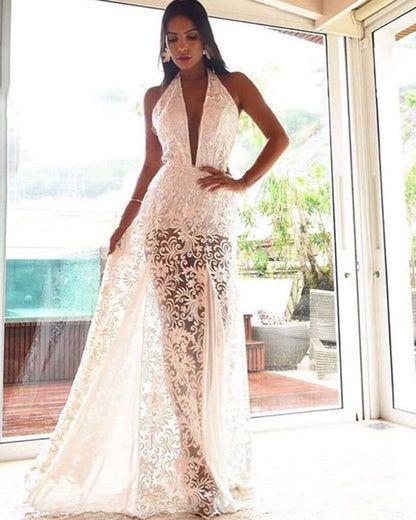 Lace Vestidos Dress Halter Neck Long Maxi Dress