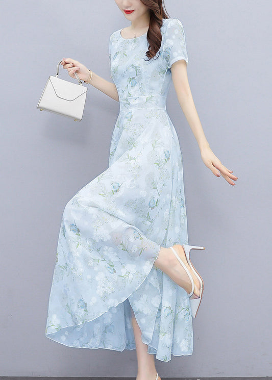 Light Blue Print Silm Fit Chiffon Long Dresses Summer Oo024