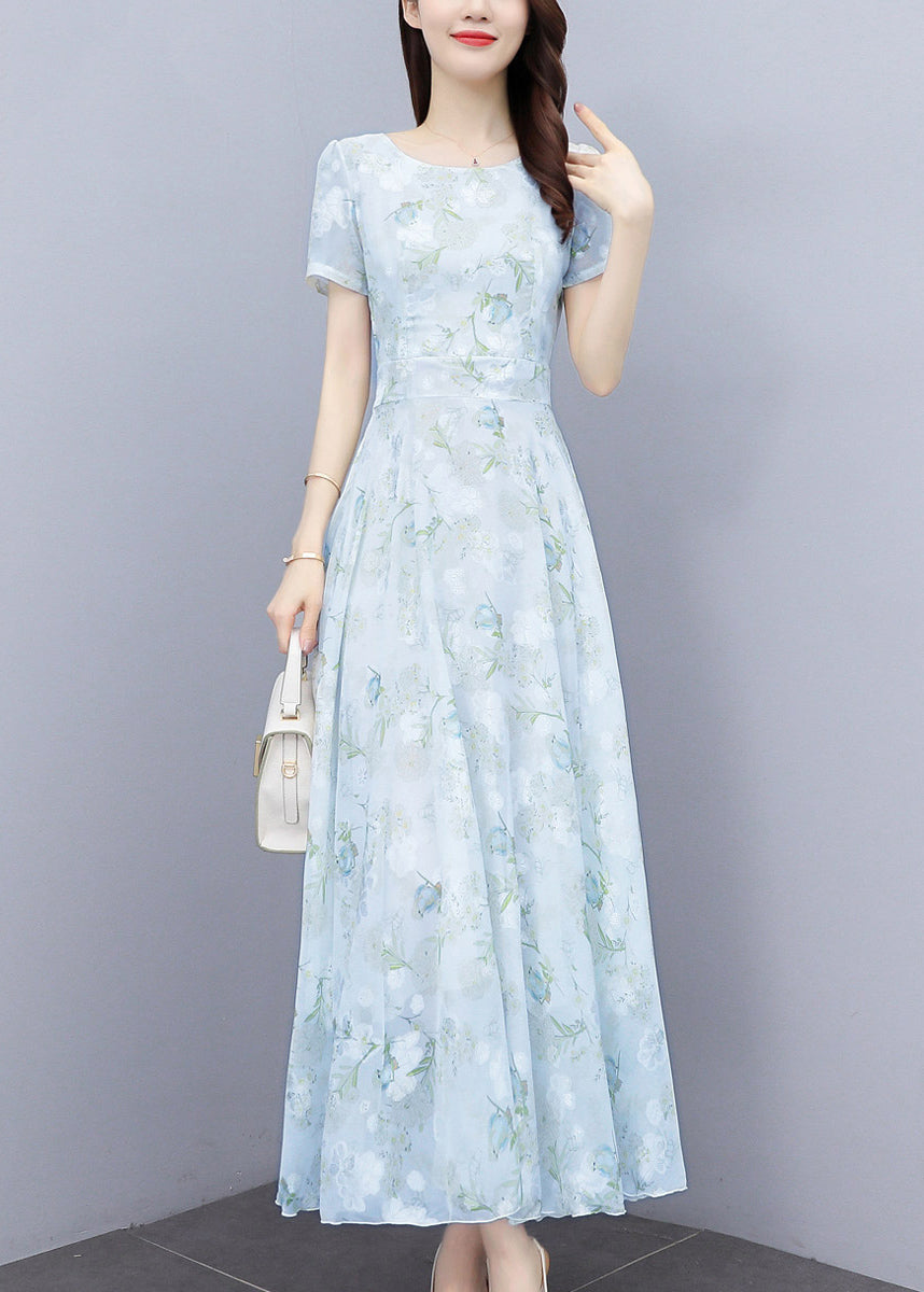 Light Blue Print Silm Fit Chiffon Long Dresses Summer Oo024