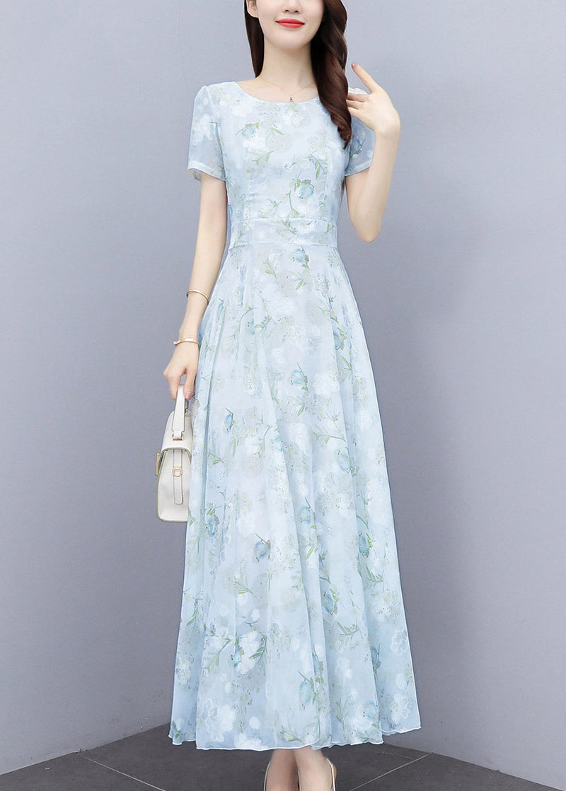 Light Blue Print Silm Fit Chiffon Long Dresses Summer Oo024