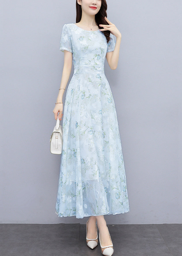 Light Blue Print Silm Fit Chiffon Long Dresses Summer Oo024