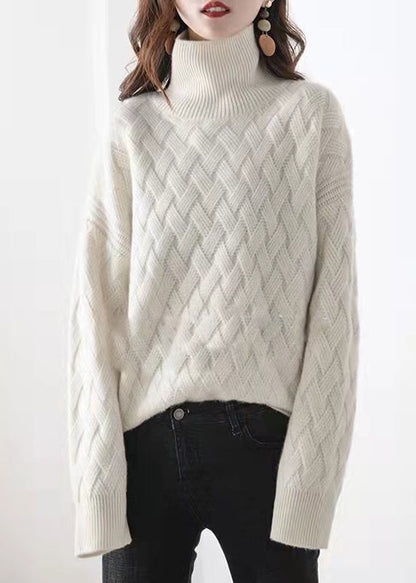 Light Camel Turtleneck Plaid Wool Knit Sweaters Spring Tf001