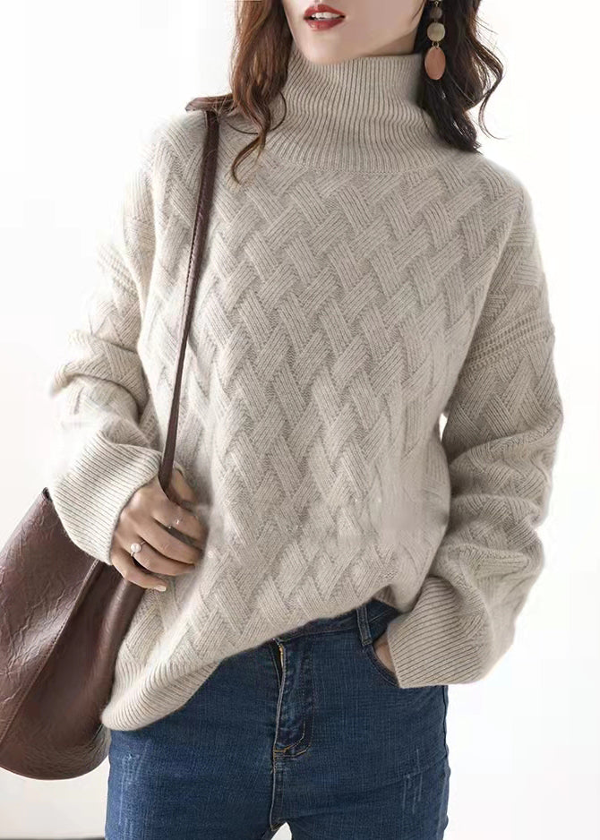 Light Camel Turtleneck Plaid Wool Knit Sweaters Spring Tf001