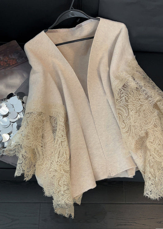 Light Camel V Neck Lace Patchwork Knit Cardigans Spring Td024