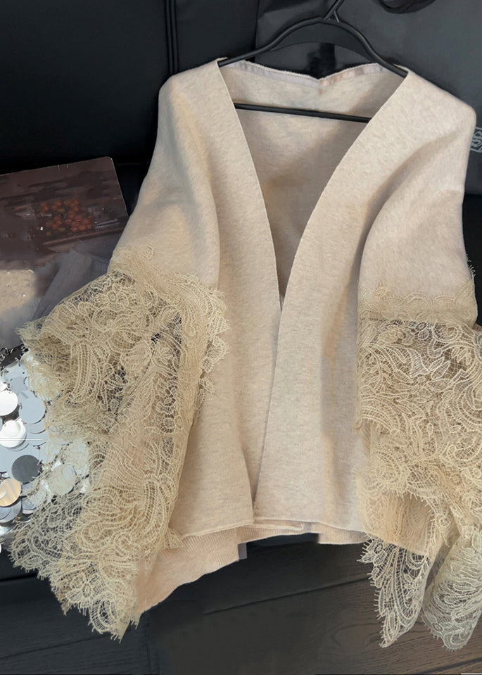 Light Camel V Neck Lace Patchwork Knit Cardigans Spring Td024