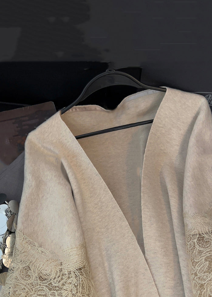 Light Camel V Neck Lace Patchwork Knit Cardigans Spring Td024