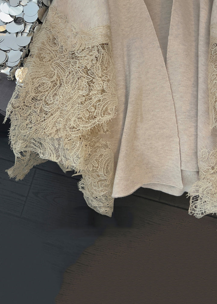 Light Camel V Neck Lace Patchwork Knit Cardigans Spring Td024