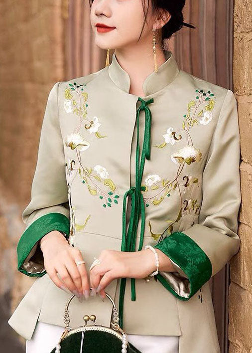 Light Green Embroideried Lace Up Silk Coat Spring Ly1431
