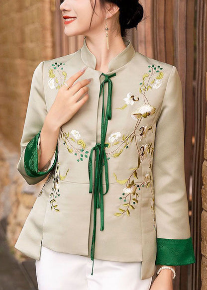 Light Green Embroideried Lace Up Silk Coat Spring Ly1431