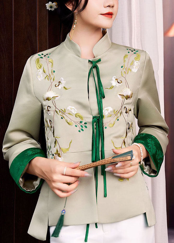 Light Green Embroideried Lace Up Silk Coat Spring Ly1431