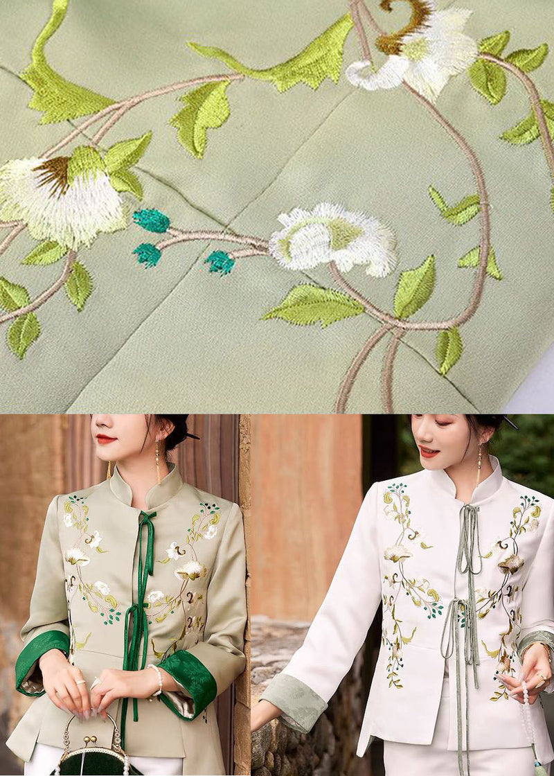 Light Green Embroideried Lace Up Silk Coat Spring Ly1431