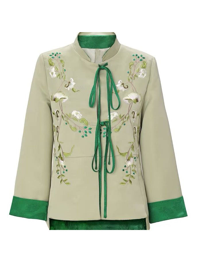 Light Green Embroideried Lace Up Silk Coat Spring Ly1431