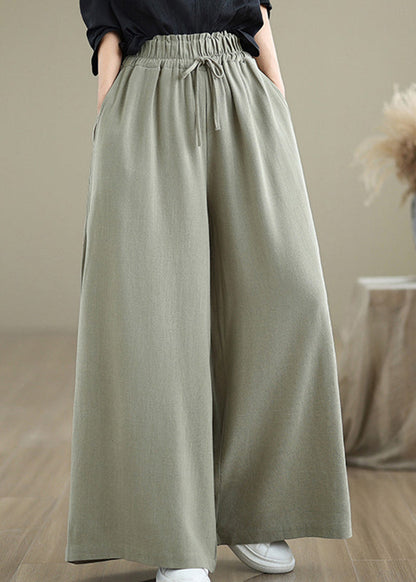 Light Green Pockets Elastic Waist Cotton Pants Fall Qo046