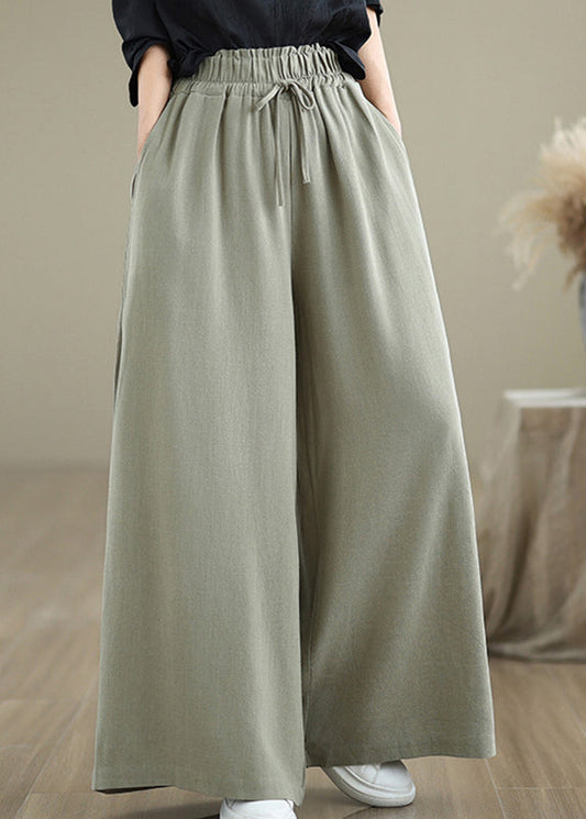 Light Green Pockets Elastic Waist Cotton Pants Fall Qo046