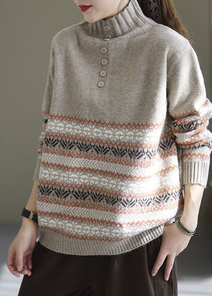 Light Grey Oversized Print Thick Knit Sweater Spring Tg1046