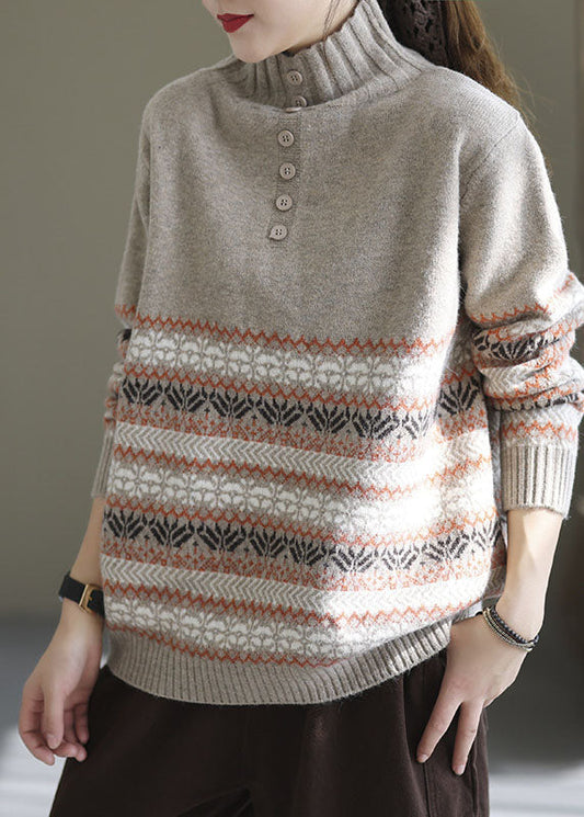 Light Grey Oversized Print Thick Knit Sweater Spring Tg1046