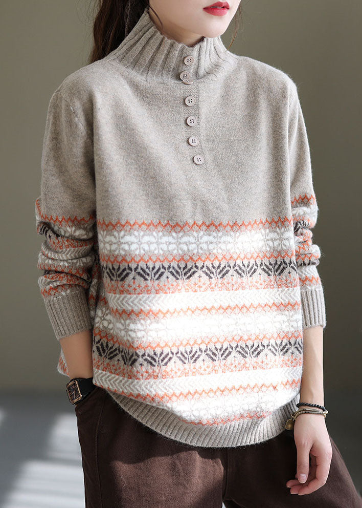 Light Grey Oversized Print Thick Knit Sweater Spring Tg1046