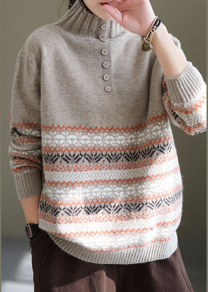 Light Grey Oversized Print Thick Knit Sweater Spring Tg1046