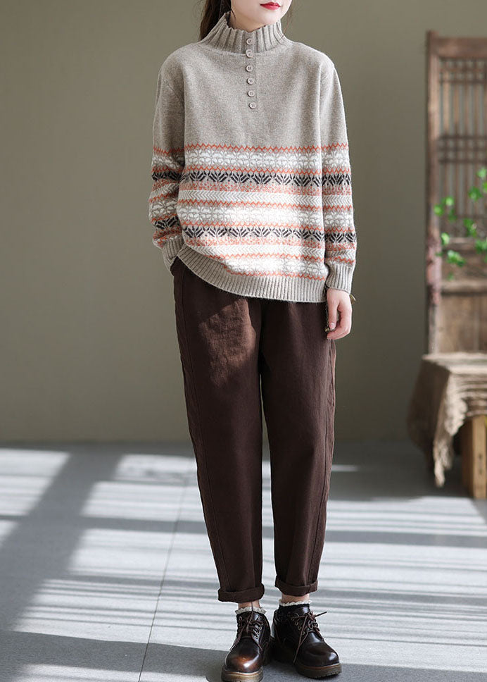 Light Grey Oversized Print Thick Knit Sweater Spring Tg1046