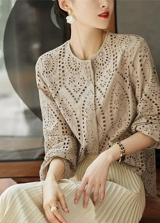 Light Khaki O Neck Hollow Out Cotton Blouses Long Sleeve G141