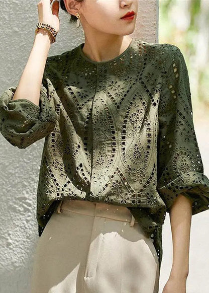Light Khaki O Neck Hollow Out Cotton Blouses Long Sleeve G141