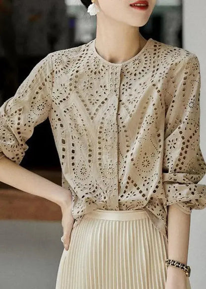 Light Khaki O Neck Hollow Out Cotton Blouses Long Sleeve G141