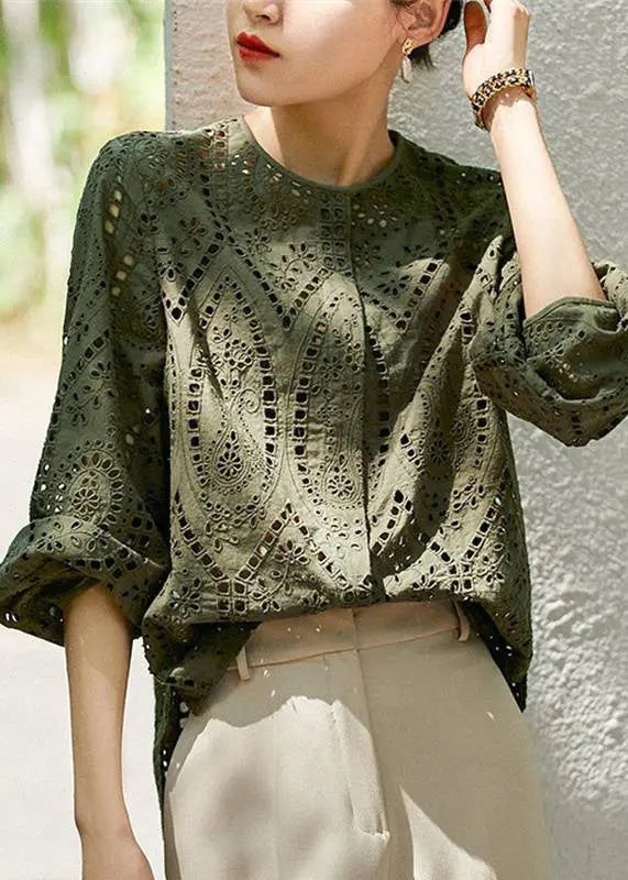 Light Khaki O Neck Hollow Out Cotton Blouses Long Sleeve G141